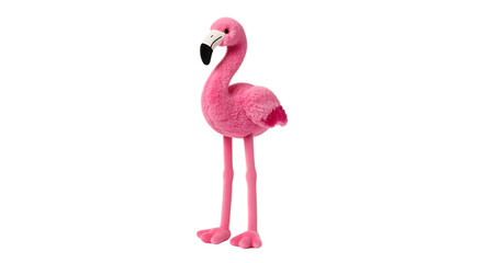 A fluffy pink stuffed flamingo toy standing on its long legs against a black background