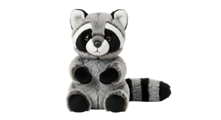 A fluffy gray stuffed raccoon with black stripes on its tail and face on a transparent background Keywords: raccoon, stuffed animal, toy, plush, cute, animal