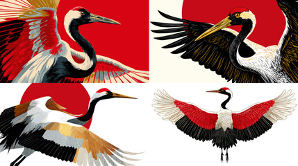Obraz premium Striking crane bird illustrations with outstretched wings set against a bold red sun. Elegant Japanese inspired artwork ideal for cultural prints posters and decorative design themes.