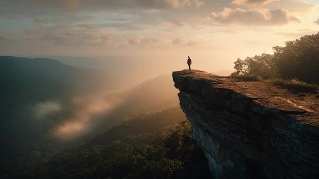 Moody cinematic still of a lone traveler standing on a cliff edge overlooking a misty valley during golden hour for an adventurous vibe.