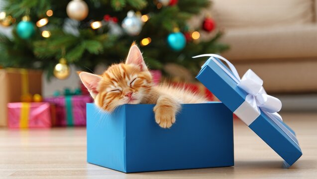 Adorable ginger kitten sleeping peacefully inside an open blue gift box, representing a surprise christmas present and pet adoption during holiday celebrations
