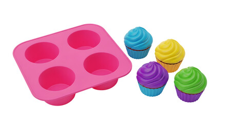 A pink silicone cupcake baking mold with four colorful toy cupcakes on a black background