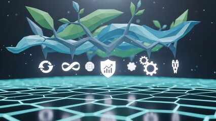 The Abstract Nature of  AI-RPA, Low Poly Elements Floating Above a Hexagonal Grid, Glowing White Icons Representing Uninterrupted Business Continuity