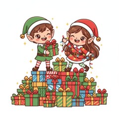 Naklejka premium Happy christmas elves delivering and decorating presents on a mountain of gifts, celebrating winter holidays and spreading joy with a festive cartoon illustration