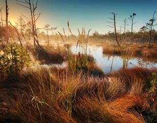 swamp vegetation dry plants summertime wetland landscape