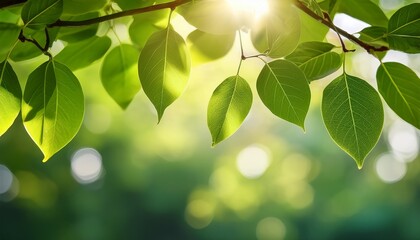 a close up view of green leaves hanging from a branch with sunlight streaming through in the background creating a refreshing atmosphere