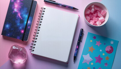 Colorful stationery and accessories on pastel background
