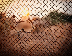 chain link fence with hole damage wire background