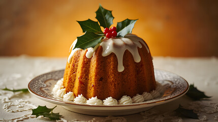 A traditional Christmas pudding adorned with a sprig of fresh green holly, set against a warm and inviting background, with the pudding's golden brown color and decorative white icing taking center 