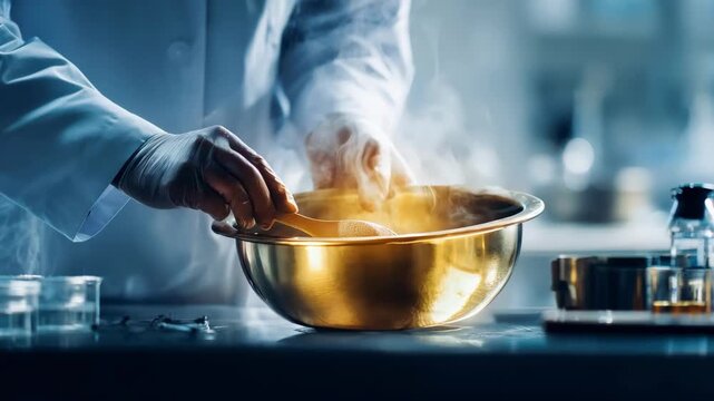 Medium shot of a laboratory technician carefully blending copper with other metals to create new alloy compounds under controlled conditions.