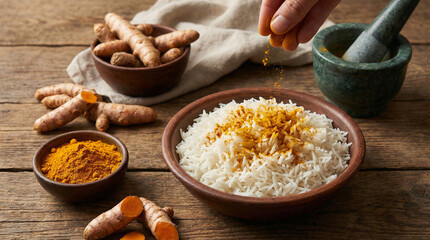 hand sprinkling turmeric powder on cooked basmati rice with herbs on rustic wooden table