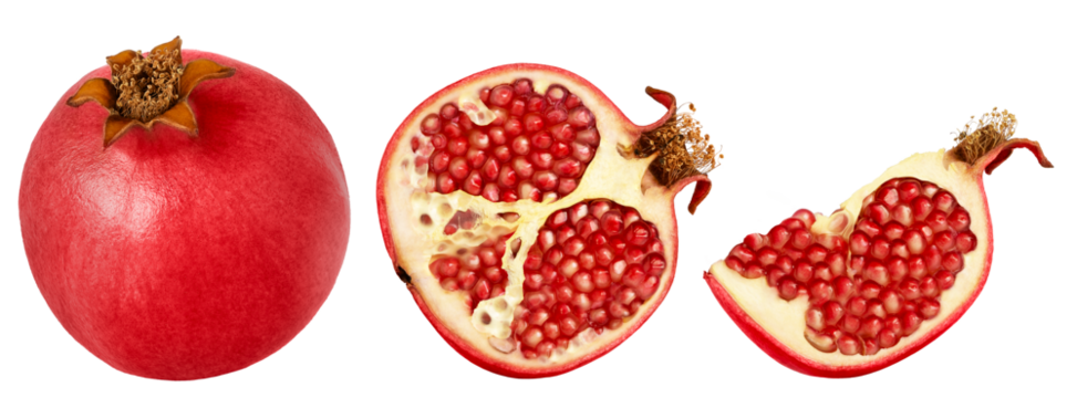 Pomegranate collection Isolated on a white background. Whole pomegranate, half of pomegranate and slice of pomegranate with clipping path.