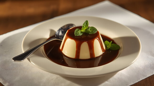 Plate of delicious vanilla pudding with chocolate syrup on table
- Powered by Adobe
