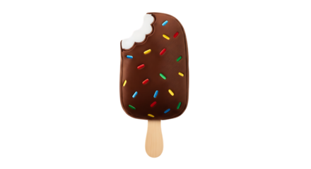 Chocolate ice cream bar with colorful sprinkles and a bite taken out