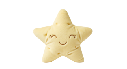Cute yellow star plush toy with smiling face on black background