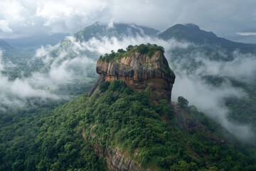 Sigiriya Rock Fortress in Misty Landscape