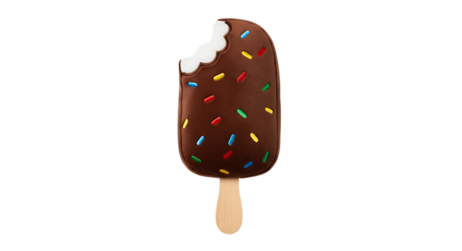 Chocolate ice cream bar with colorful sprinkles and a bite taken out