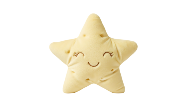 Cute yellow star plush toy with smiling face on black background