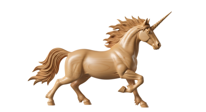 Majestic golden unicorn sculpture with flowing mane and tail