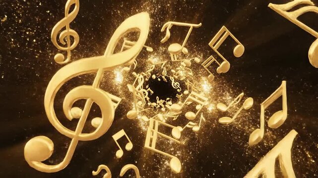 Abstract gold music notes flowing on dark background for creative design