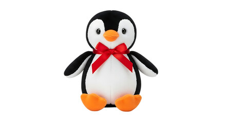 Cute plush penguin toy with red bow tie on black background