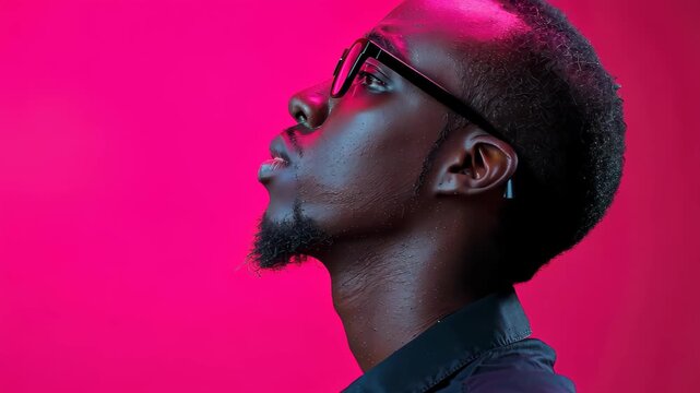 Introspective Gaze: A close-up shot of a thoughtful individual gazing upwards, captured against a vivid, radiant magenta backdrop. This image embodies deep contemplation and thoughtful musing.