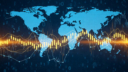 Global Stock Market Growth Chart and Business Data Visualization Futuristic Finance Technology and World Map Loop