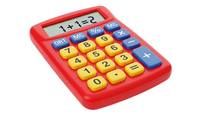 Brightly colored toy calculator displaying simple math equation