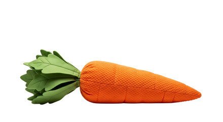 Plush carrot toy with green leafy top on black background
