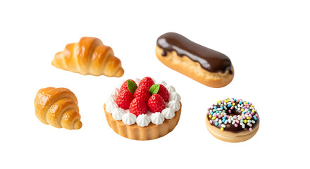 Assortment of delicious pastries and desserts on a black background