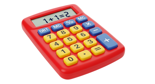 Brightly colored toy calculator displaying simple math equation