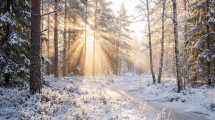 Morning sunbeams over snowy landscape