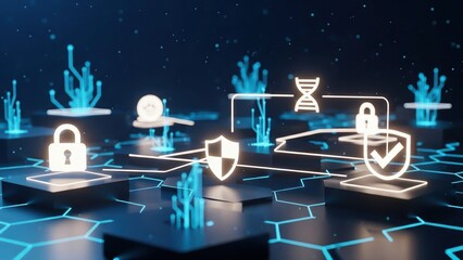AI-RPA's Algorithmic Flow in a Low Poly , Digital Processes Executed on a Futuristic Hexagonal Grid, Glowing White Icons Confirming Data Integrity and Security