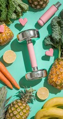 Healthy lifestyle, dumbbell surrounded by fruits/vegetables