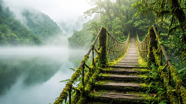 Fototapeta Scenic landscape of rope bridge with moss over lake