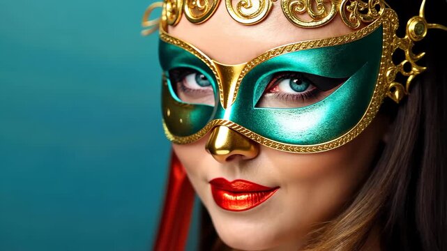 Mysterious Beauty: A woman, wearing an elaborate, decorated mask and capturing the essence of enigma and elegance, gazes directly at the viewer. Emphasizing her captivating features.