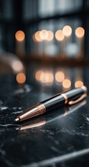 Pen on marble; blurred lights in background