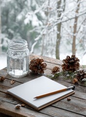 Winter scene jar, pinecones, paper, pencil, wood, snow