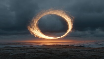 Glowing ring over ocean under a cloudy, dark sky