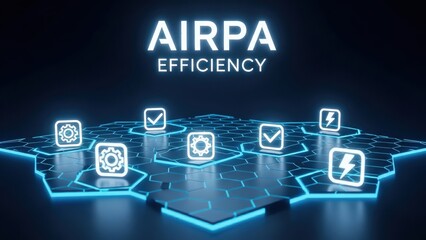 Futuristic Low Poly  Displaying AIRPA's Efficiency, Automation Flowing Across the Hexagonal Grid, Glowing White Icons Highlighting the Intelligent Task Execution