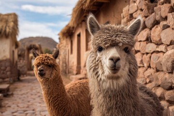 Fototapeta premium Alpacas in Rustic Village Setting