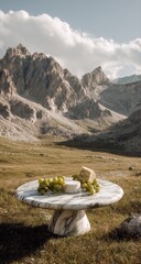 Cheese and grapes on marble table, mountainous backdrop