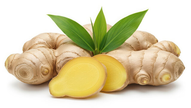 Fresh ginger root with green leaves and slices