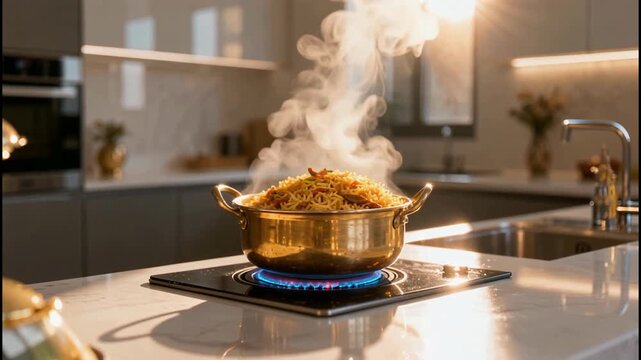 Steaming Noodle Dish Cooking in Golden Pot on Modern Kitchen Stove Top