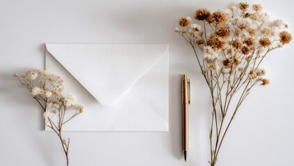Envelope with flowers and pen, soft neutral background