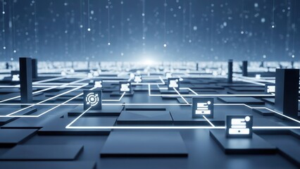 Intelligent  Architecture for Robotic Process Automation, Low Poly Aesthetics on a Futuristic Hexagonal Grid, Glowing White Icons Mapping the Data Exchange Protocols