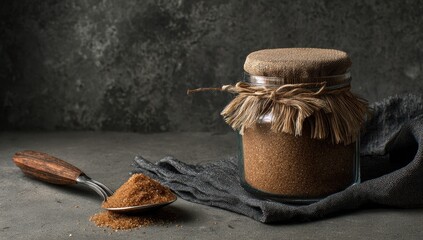 Jarred sugar, spoon. Still life, moody. Warm light