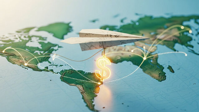 Paper plane carrying a currency symbol flying across dotted world map paths, awareness theme.