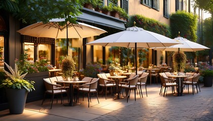 cozy cafe terrace an inviting cafe terrace shaded by umbrellas adorned with vibrant plants and bathed in the soft glow of the evening