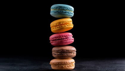 vertical row of colorful macarons stacked in mid air on black background